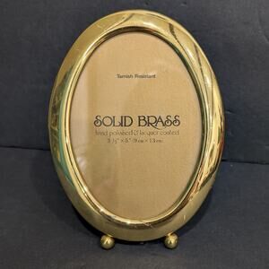 Vintage Solid Brass Oval Picture Frame 3.5x5 Tabletop Ball Feet Velvet Back